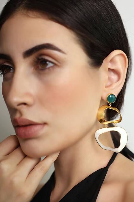 Buy_Varnika Arora_Green Embroidery Drift Enameled Abstract Earrings _Online_at_Aza_Fashions