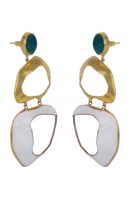 Shop_Varnika Arora_Green Embroidery Drift Enameled Abstract Earrings _Online_at_Aza_Fashions