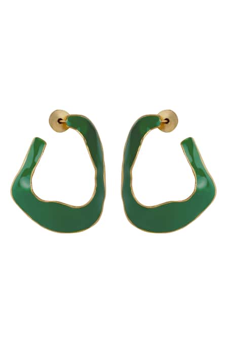 Shop_Varnika Arora_Green Lagoon Enameled Abstract Hoops _at_Aza_Fashions