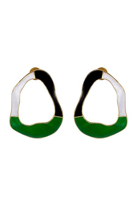 Shop_Varnika Arora_Gold Plated Embroidery Crest Tri Color Block Earrings _at_Aza_Fashions