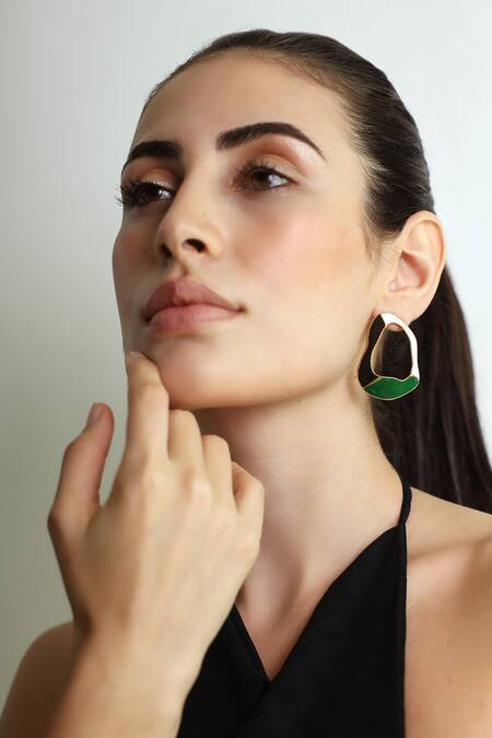 Varnika Arora_Gold Plated Embroidery Crest Tri Color Block Earrings _Online_at_Aza_Fashions