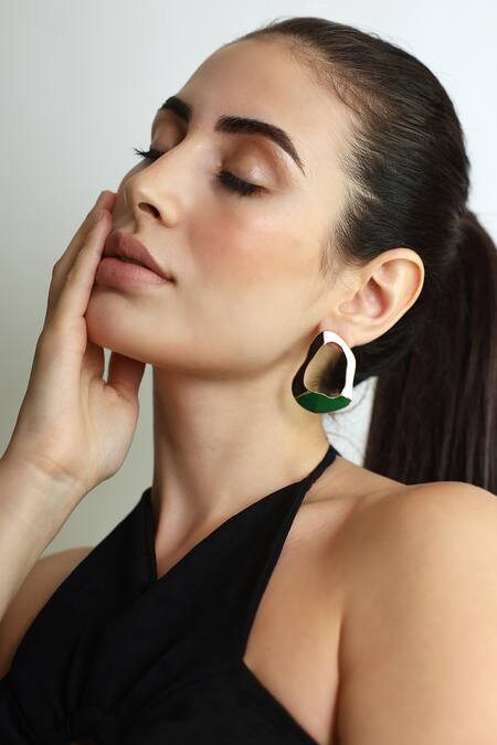 Buy_Varnika Arora_Gold Plated Embroidery Crest Tri Color Block Earrings _Online_at_Aza_Fashions