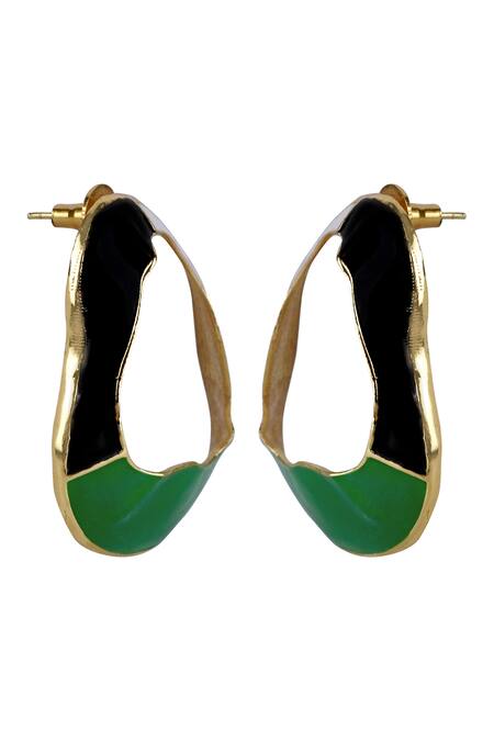 Shop_Varnika Arora_Gold Plated Embroidery Crest Tri Color Block Earrings _Online_at_Aza_Fashions