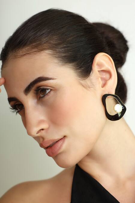 Varnika Arora Black Embroidery, Pearls Frost Enameled Earrings Online at Aza Fashions Varnika Arora_Black Embroidery, Pearls Frost Enameled Earrings _Online_at_Aza_Fashions