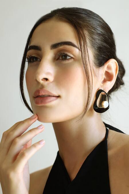 Shop Varnika Arora Black Embroidery, Pearls Frost Enameled Earrings Online at Aza Fashions Shop_Varnika Arora_Black Embroidery, Pearls Frost Enameled Earrings _Online_at_Aza_Fashions