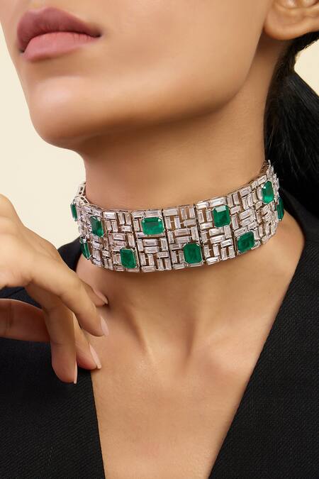 Isharya_Green Celtic Doublet Emerald And Cz Studded Choker_Online_at_Aza_Fashions