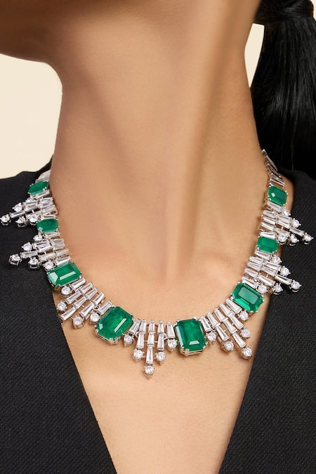 Isharya_Green Doublet Dark Emerald Stone Bib Necklace _Online_at_Aza_Fashions