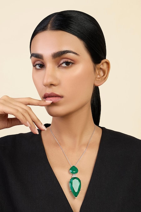 Isharya Pear Cut Emerald Pendant Necklace 
