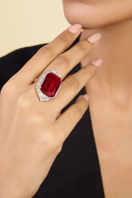 Shop_Isharya_Red Crystals Ruby Corundum Cocktail Ring_Online_at_Aza_Fashions