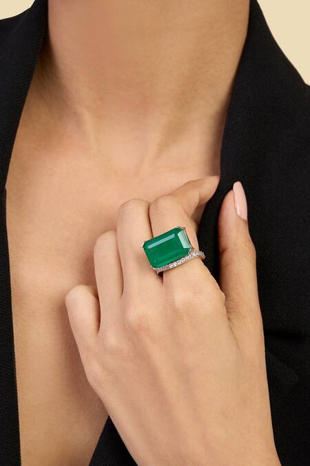 Isharya_Green Crystals, Stones Radiant Emerald Cut Cocktail Ring_Online_at_Aza_Fashions