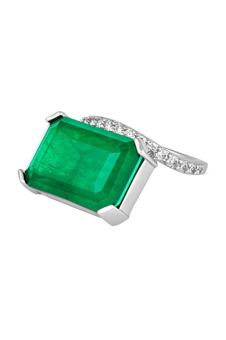 Buy_Isharya_Green Crystals, Stones Radiant Emerald Cut Cocktail Ring_Online_at_Aza_Fashions