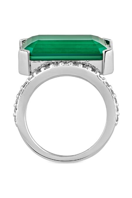 Shop_Isharya_Green Crystals, Stones Radiant Emerald Cut Cocktail Ring_Online_at_Aza_Fashions