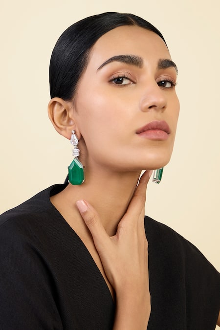 Isharya Green Cubic Zirconia Doublet Dark Emerald Studded Earrings 