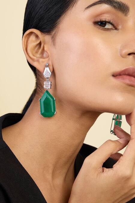 Isharya_Green Crystals Doublet Dark Emerald Studded Earrings _Online_at_Aza_Fashions