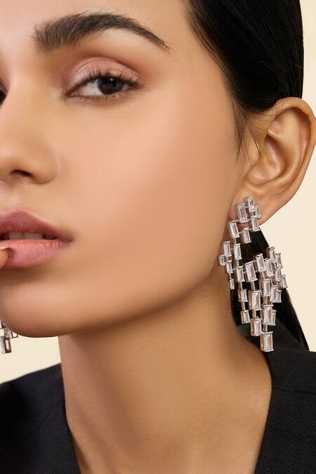 Isharya_Silver Plated Crystals Abstract Pattern Chandelier Cubic Zirconia Studs _Online_at_Aza_Fashions