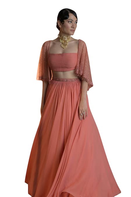 Shop_Damoiselle_Peach Georgette Beads, Sequins Square Neck Floral Embroidered Cape And Lehenga Set _Online_at_Aza_Fashions