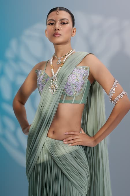 Damoiselle_Green Cotton, Lycra, Georgette, Net Embroidery Floral Thread Pre-draped Saree _Online_at_Aza_Fashions