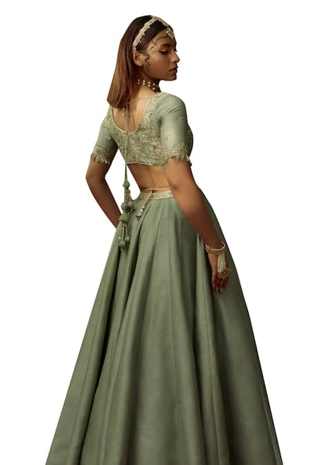 Damoiselle_Green Georgette Embroidery, Fringe Scoop Neck Sage Floral Lehenga Set _at_Aza_Fashions
