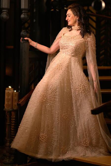 Buy_Chaashni By Maansi And Ketan_Beige Net Pearls, Zari Asymmetric Zircon Embroidered Gown