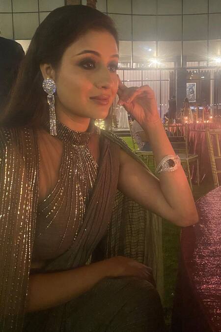 Shop_Chaashni By Maansi And Ketan_Green Lycra Beads, Stones, Pearls High Pre-draped Saree Embroidered Cape Set