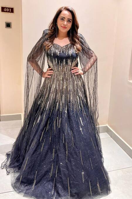 Shop_Chaashni By Maansi And Ketan_Black Net Sequins, Beads Sweetheart Cutdana Stripe Embellished Cape With Gown 