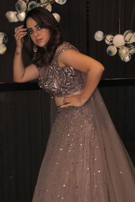 Chaashni By Maansi And Ketan Brown Net Sequins, Pearls, Stones, Cut Cutdana Embroidered Gradient Lehenga Set at Aza Fashions Chaashni By Maansi And Ketan_Brown Net Sequins, Pearls, Stones, Cut Cutdana Embroidered Gradient Lehenga Set_at_Aza_Fashions