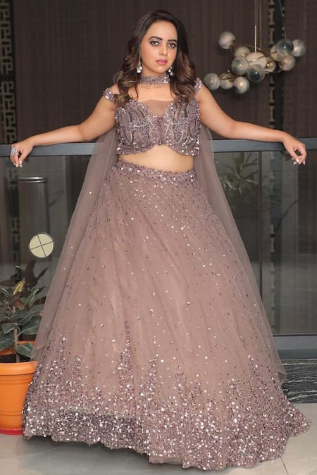 Shop Chaashni By Maansi And Ketan Brown Net Sequins, Pearls, Stones, Cut Cutdana Embroidered Gradient Lehenga Set Shop_Chaashni By Maansi And Ketan_Brown Net Sequins, Pearls, Stones, Cut Cutdana Embroidered Gradient Lehenga Set