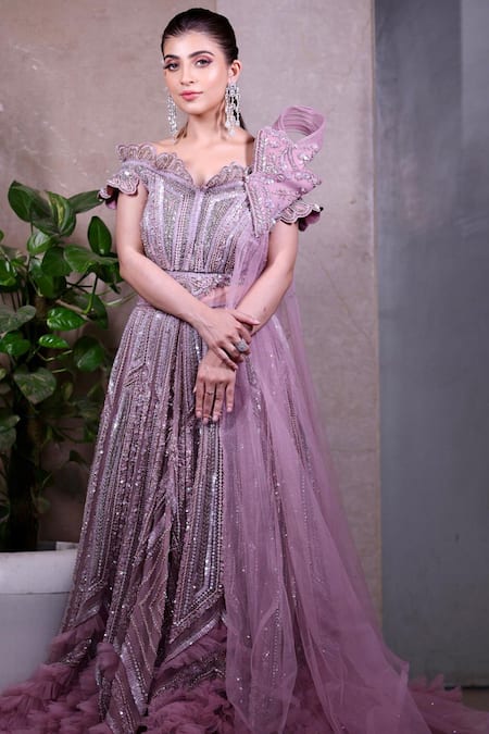 Chaashni By Maansi And Ketan Pink Net Sequins, Pearls, Crystals Boat Neck Embellished Gown at Aza Fashions Chaashni By Maansi And Ketan_Pink Net Sequins, Pearls, Crystals Boat Neck Embellished Gown _at_Aza_Fashions