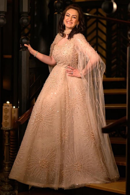 Chaashni by Maansi and Ketan Beige Net Embroidered Pearl Asymmetric Zircon Gown 