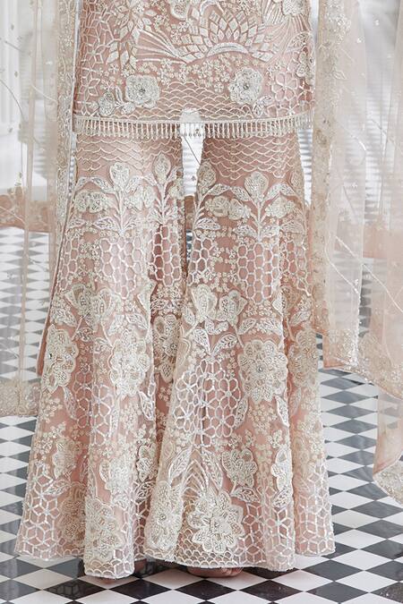 Istya Pink Net Applique, Sequins, Embroidery Polo Collar Floral Kurta Sharara Set Online at Aza Fashions Istya_Pink Net Applique, Sequins, Embroidery Polo Collar Floral Kurta Sharara Set _Online_at_Aza_Fashions