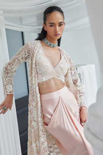 Istya_Pink Net, Satin Sequins, Embroidery Open Neck Floral Jacket And Draped Skirt Set _Online_at_Aza_Fashions