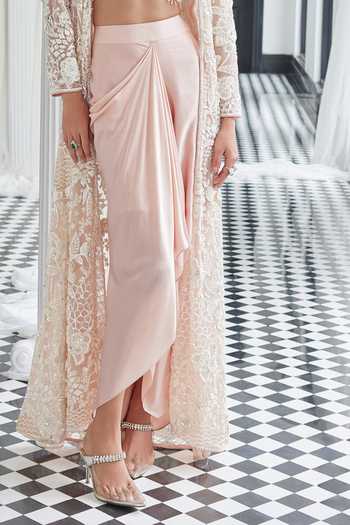 Buy_Istya_Pink Net, Satin Sequins, Embroidery Open Neck Floral Jacket And Draped Skirt Set _Online_at_Aza_Fashions