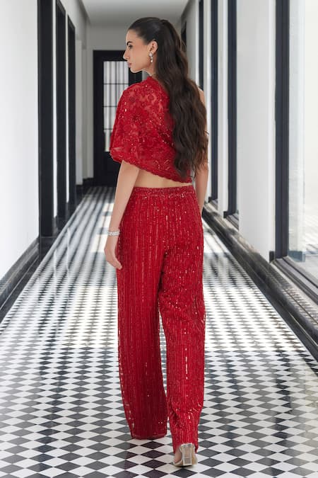 Istya Floral Sequin Embroidered One Shoulder Top With Pant 