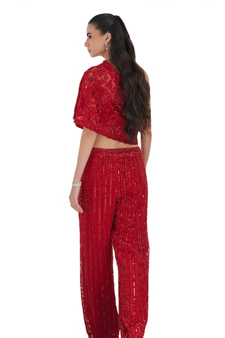 Shop_Istya_Red Net Sequins, Cut Work Floral Embroidered One Shoulder Top With Pant _Online_at_Aza_Fashions