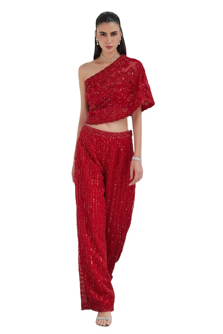 Buy_Istya_Red Net Sequins, Cut Work Floral Embroidered One Shoulder Top With Pant 