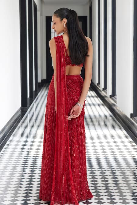 Istya Linear Sequin Embroidered Pre-Draped Saree With Blouse 