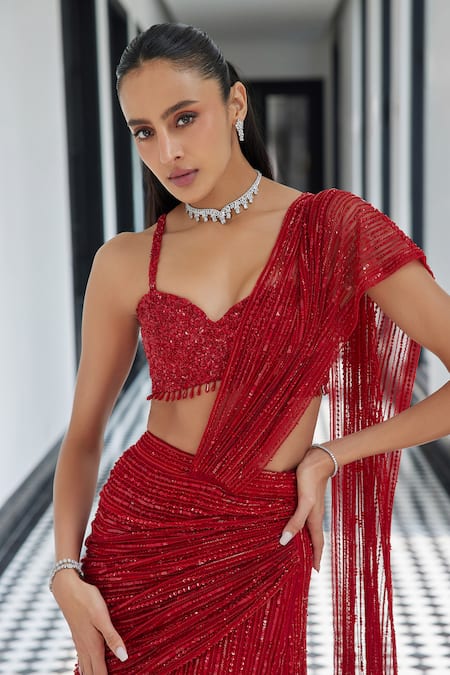 Istya_Red Net Sequins, Cut Work Linear Embroidered Pre-draped Saree With Blouse _Online_at_Aza_Fashions
