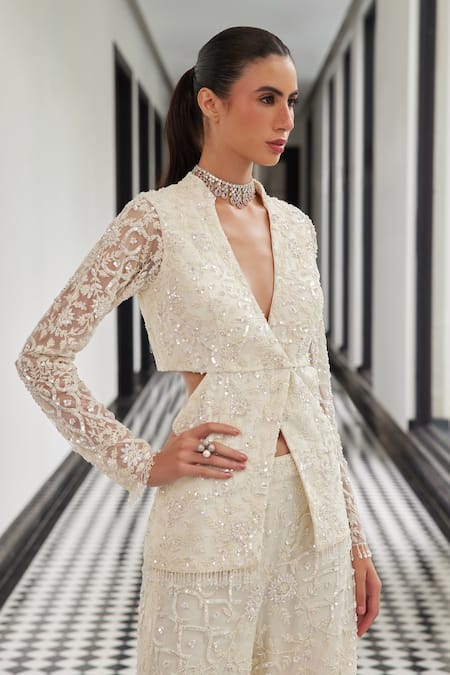 Shop_Istya_Ivory Net Sequins Floral Embroidered Blazer With Pant _at_Aza_Fashions