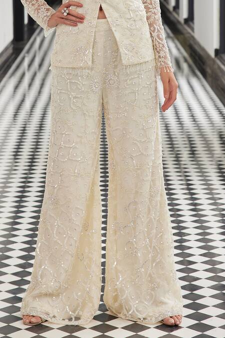 Istya_Ivory Net Sequins Floral Embroidered Blazer With Pant _Online_at_Aza_Fashions