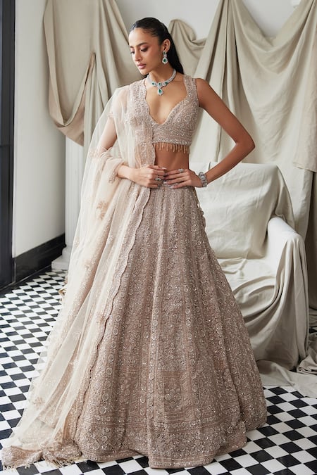 Istya Beige Tissue Organza Embroidery Sequins Paan Neck Floral Bridal Lehenga Set 