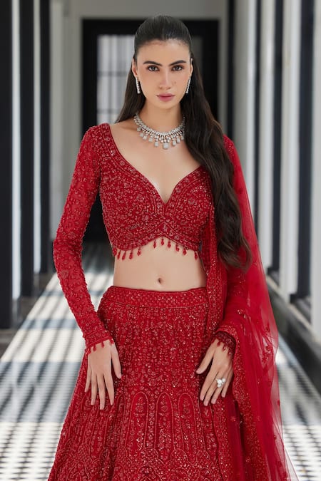 Istya_Red Net Beads, Embroidery, Sequins, Cut Jharokha Floral Bridal Lehenga Set _Online_at_Aza_Fashions