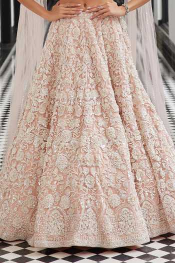 Buy_Istya_Pink Net Sequins, Cut Work Sweetheart Floral Embroidered Lehenga With Blouse _Online_at_Aza_Fashions