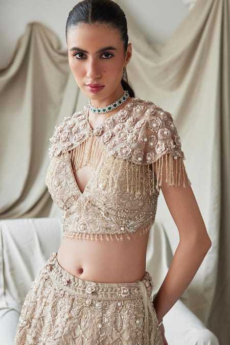 Istya Beige Net Beads, Sequins, Embroidery, Cut Floral Bridal Lehenga And Cape Set Online at Aza Fashions Istya_Beige Net Beads, Sequins, Embroidery, Cut Floral Bridal Lehenga And Cape Set _Online_at_Aza_Fashions