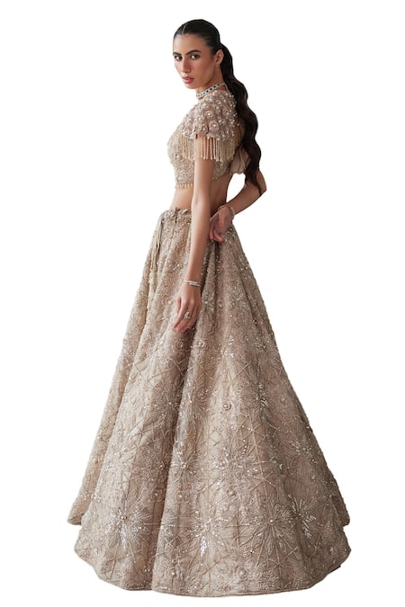 Buy Istya Beige Net Beads, Sequins, Embroidery, Cut Floral Bridal Lehenga And Cape Set Online at Aza Fashions Buy_Istya_Beige Net Beads, Sequins, Embroidery, Cut Floral Bridal Lehenga And Cape Set _Online_at_Aza_Fashions