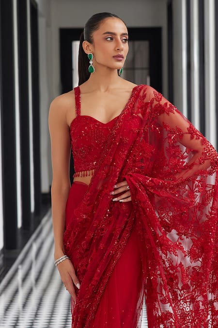 Istya Red Net Sequins, Embroidery Sweetheart Neck Tonal Floral Saree With Blouse Online at Aza Fashions Istya_Red Net Sequins, Embroidery Sweetheart Neck Tonal Floral Saree With Blouse _Online_at_Aza_Fashions