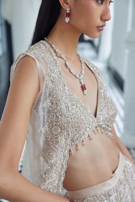 Istya_Beige Organza, Tissue Sequins, Crystals Open Embroidered Jacket Flared Pant Set _Online_at_Aza_Fashions