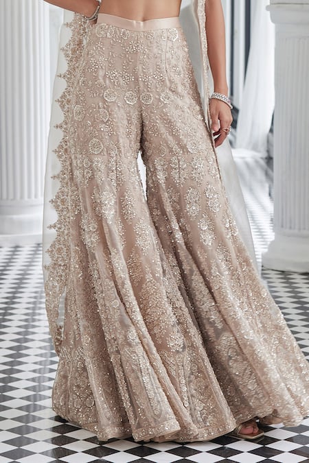 Shop_Istya_Beige Organza, Tissue Sequins, Crystals Open Embroidered Jacket Flared Pant Set _Online_at_Aza_Fashions