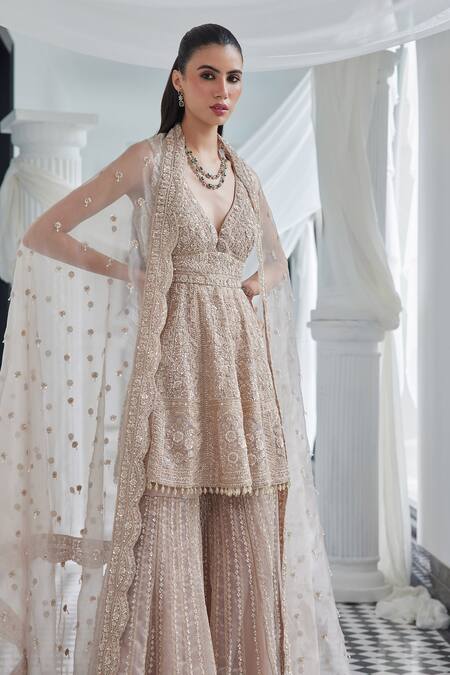Istya_Beige Tissue, Organza Sequins, Cut Work, Embroidery Peplum Kurta Sharara Set _Online_at_Aza_Fashions