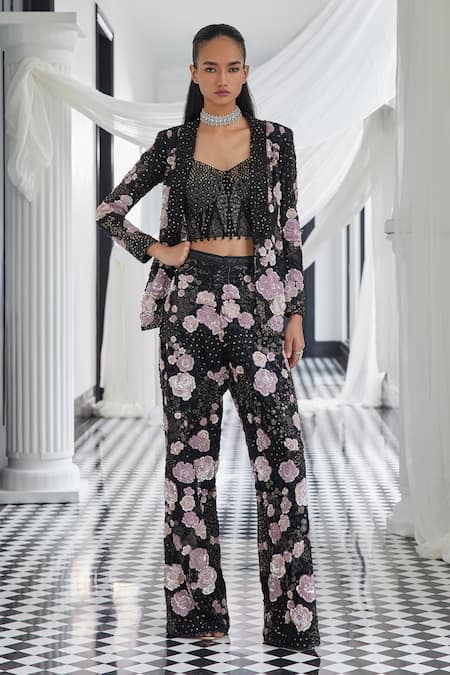 Istya Black Net Embroidery Sequin Jacket Open Floral Patchwork Set 