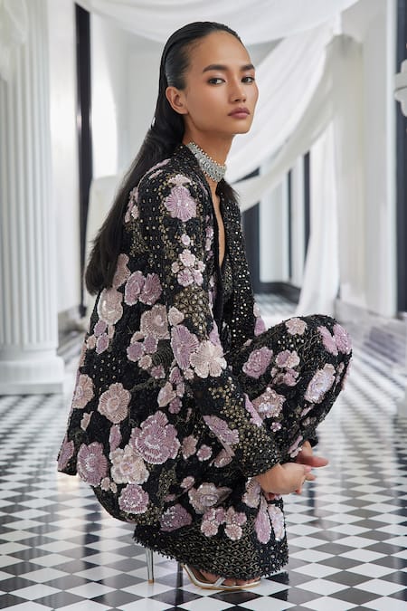 Istya Black Net Sequins, Cut Work, Beads Open Floral Patchwork Embroidered Jacket Set Online at Aza Fashions Istya_Black Net Sequins, Cut Work, Beads Open Floral Patchwork Embroidered Jacket Set _Online_at_Aza_Fashions